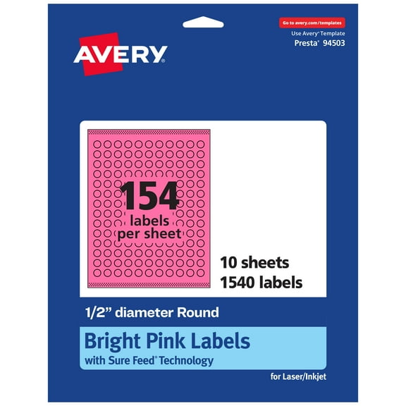 Avery Printable Round Labels, Bright Pink, 0.5" Diameter, 1,540ct