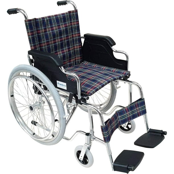 Silla de Ruedas Tapicería de Cuadros Magnimed MOD.OA4983 Asiento y Respaldo de Lona Descansa Brazos Tipo Escritorio Descansa Pies Abatibles Rin de Aluminio
