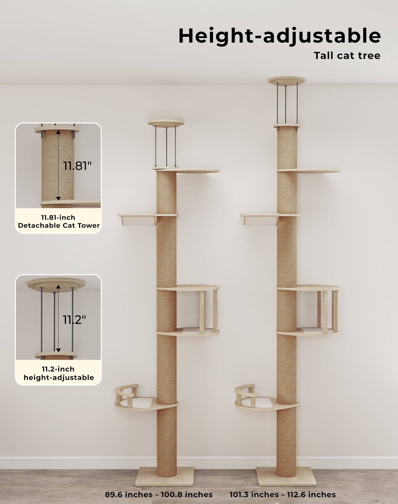 COZIWOW Floor-to-Ceiling Cat Tree, adjustable (89-112 inches), sturdy 5-tier tower for large cats. Features 4.33" scratching posts, hammock, platforms. Saves space, enriches indoor play.