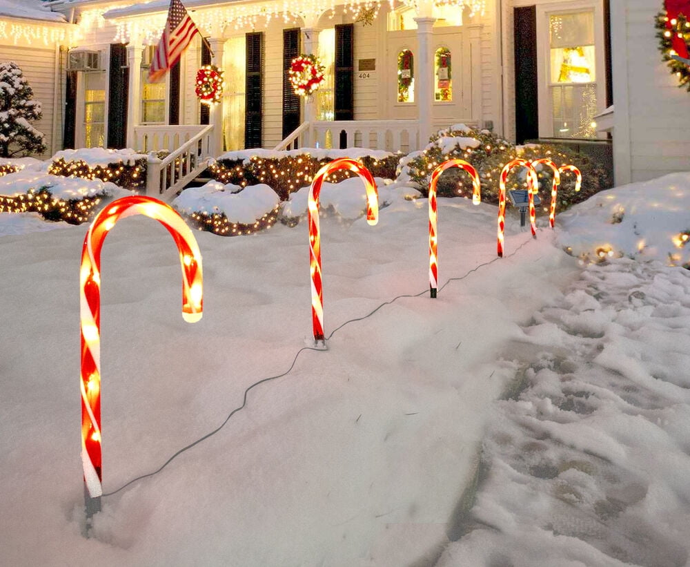 Solar Christmas Candy Cane Lights 6pc Set Outdoor Stake Christmas