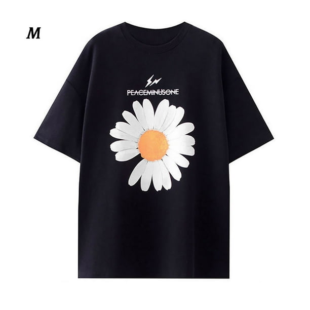 Camiseta de mujer con estampado floral, manga corta, cuello redondo, camiseta suelta, negro, M Scienceny AP001205-05B