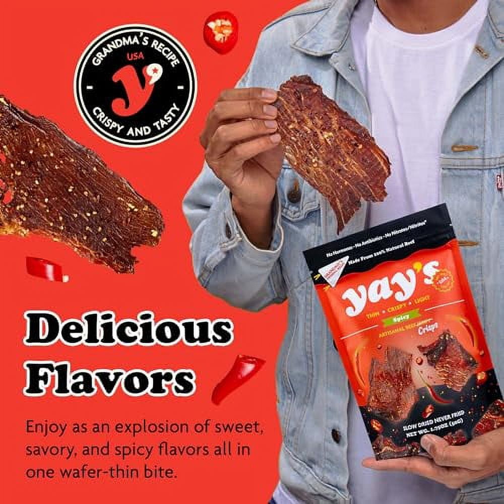 Yay's Snacks Sweet and Spicy Beef Crisps | High-Protein Ready-to-Eat Crispy Crunchy Chipped beef | Spicy Beef Jerky with 24g Protein per Bag, Non-GMO Healthy Meat Snack, Made in USA pack of 3(1.75 oz