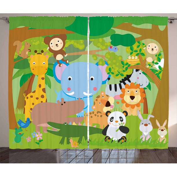 Nursery Curtains 2 Panels Set, Funny Playful Jungle Animals Wildlife