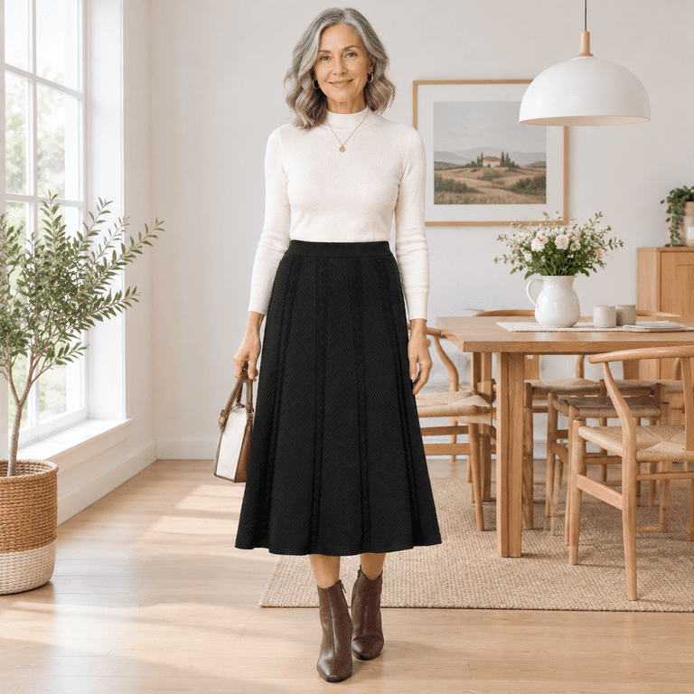 Women's Black Small A-Line Ribbed Knit Maxi Skirt for Fall Winter ...