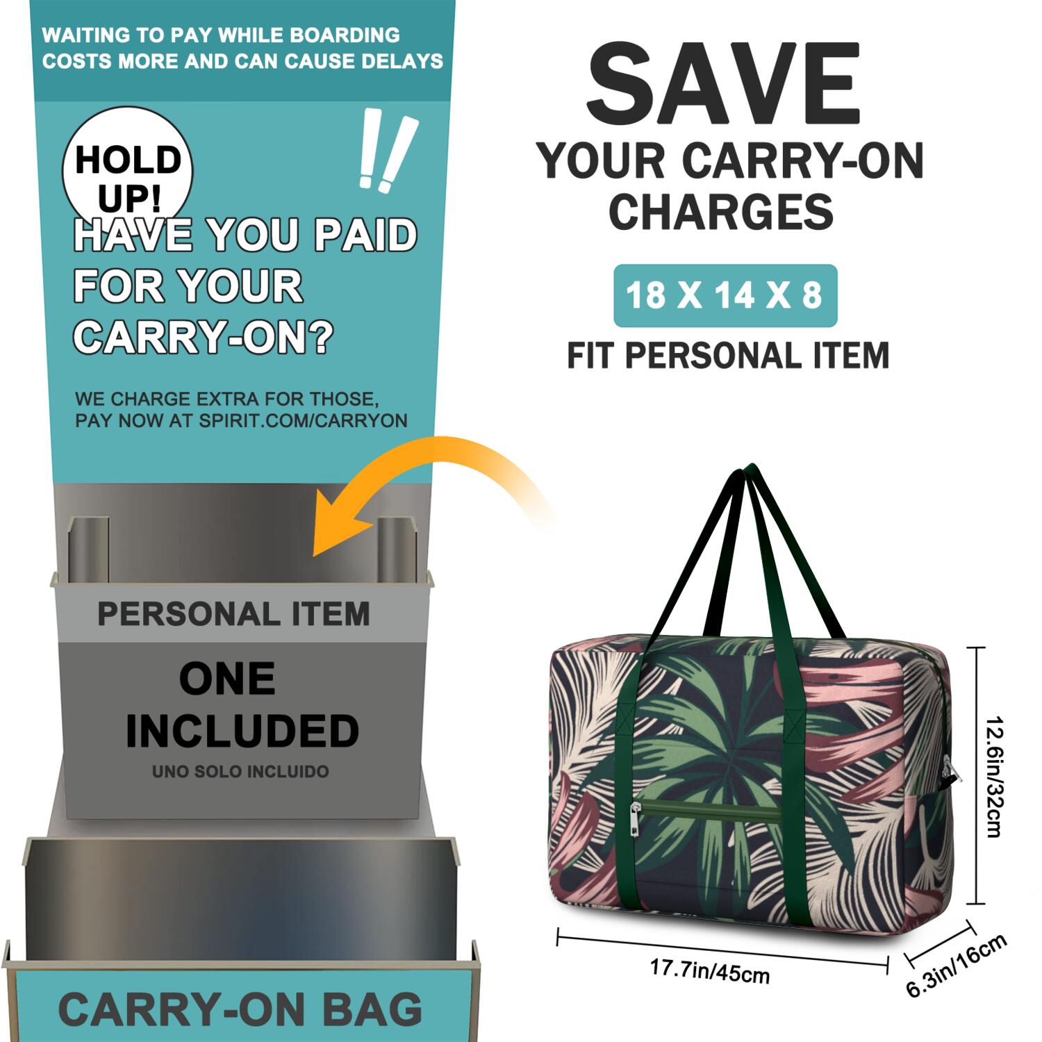For Spirit Airlines Personal Item Bag 18x14x8 Inch, Floral Weekender Travel Bag, Foldable Travel Duffel Bag Underseat Carry on Bag with Luggage Sleeve for Women and Men 30L