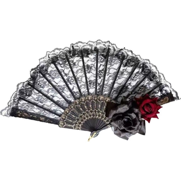 Vjnyvs Lolita Gothic Fan Lace Hand Fan Vintage Black Red Rose Fans Folding Hand Held Fan Female Retro Style for Wedding, Dancing, Church
