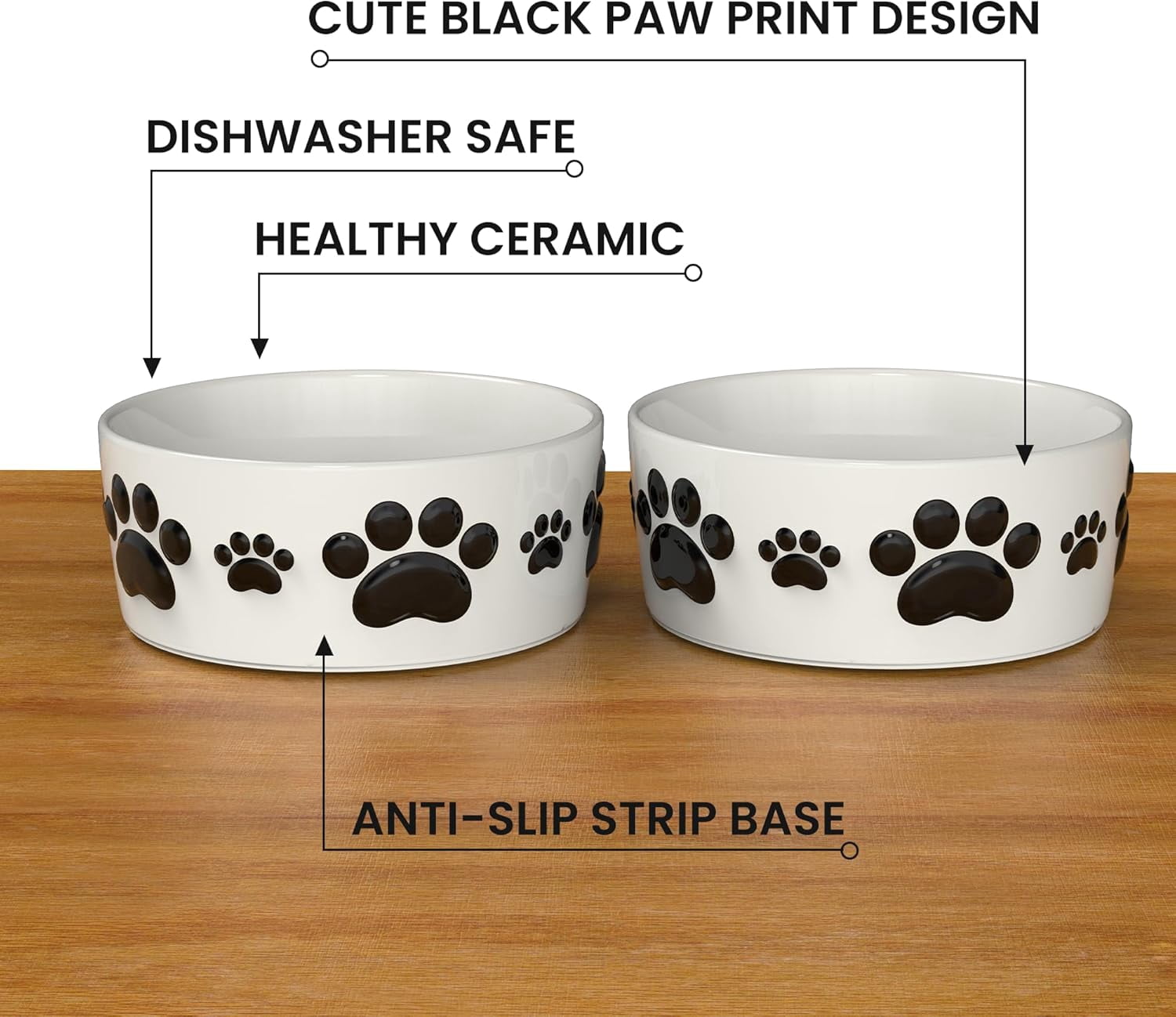 Ceramic Dog Bowls for Large Dogs - 7.5'' Round × 3'' Tall Dog Food & Water Bowl Set of 2 - Large Ceramic Bowl with Anti-Slip Rings - Food and Water Bowls with 5 Cups Capacity