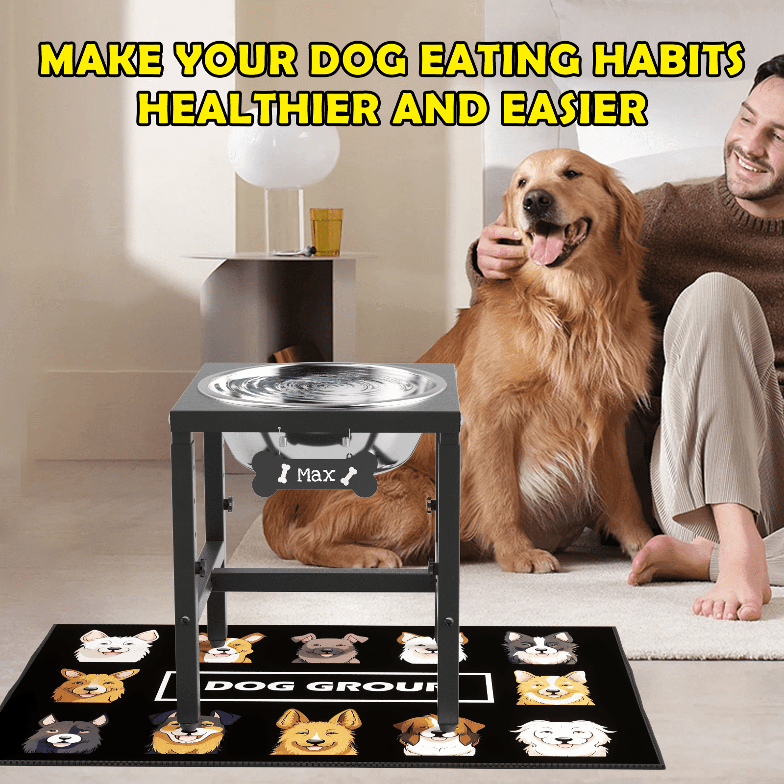1.6 Gallon Elevated Dog Water Bowl for Large Dogs, 4-Height Adjustable (15–20'') Raised Stainless Steel Bowl with Spill-Proof Mat & Sturdy Metal Stand