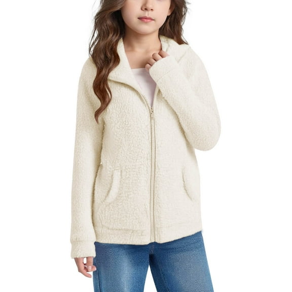 Girls Boys Zip up Sherpa Coat Kids Thick Comfy Polar Fleece Jacket with Pocket Winter Solid Color Sweatshirt Jacket Tops