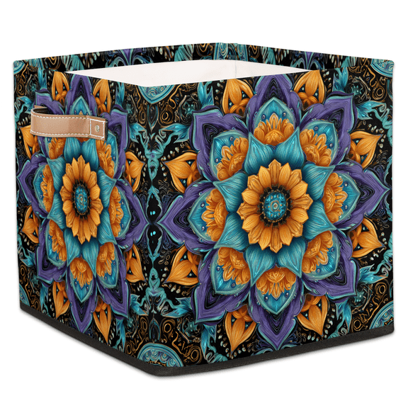 CURLYOOT Mandala Cube Storage Bin, 13 x 13 x 13 Storage Cube Bins for Organizing, Flowers Bohemian Boho Fabric Foldable Closet Baskets with Handles for Closet, Shelves, Clothes