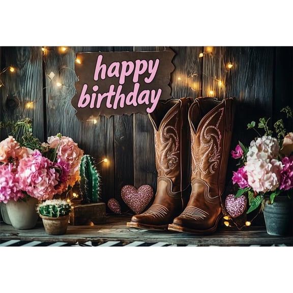 Western Cowgirl Birthday Backdrop Rustic Wooden Board Birthday Photography Background for Girls Pink Floral Wild West Boots Cactus Birthday Party Decorations Banner Supplies Photo Booth Props
