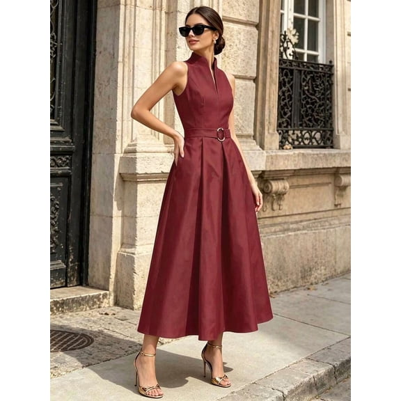 Burgundy Sleeveless High-Neck A-Line Midi Dress With Belted Waist