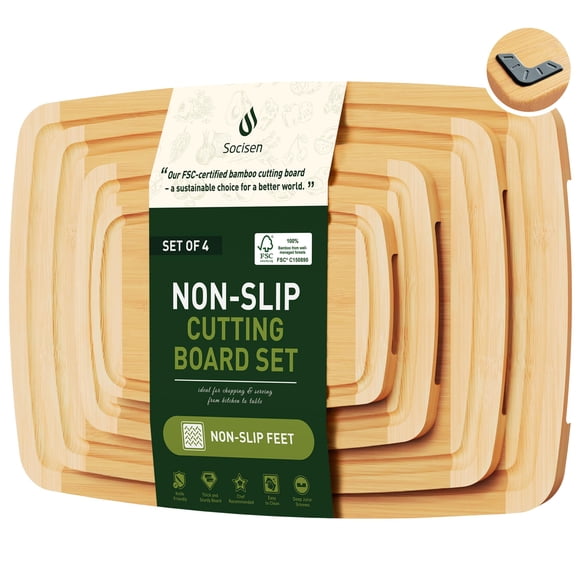 Juego de tablas de cortar Socisen Bamboo con patas antideslizantes, 4 tamaños