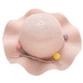 thumbnail image 1 of Sombrero de paja con borde ondulado para niñas, de verano, con circunferencia de la cabeza de 50 a 54 cm, protector solar, lazo, bola de pelo, para playa, con cuerda a prueba de viento, color rosa, 1 of 5