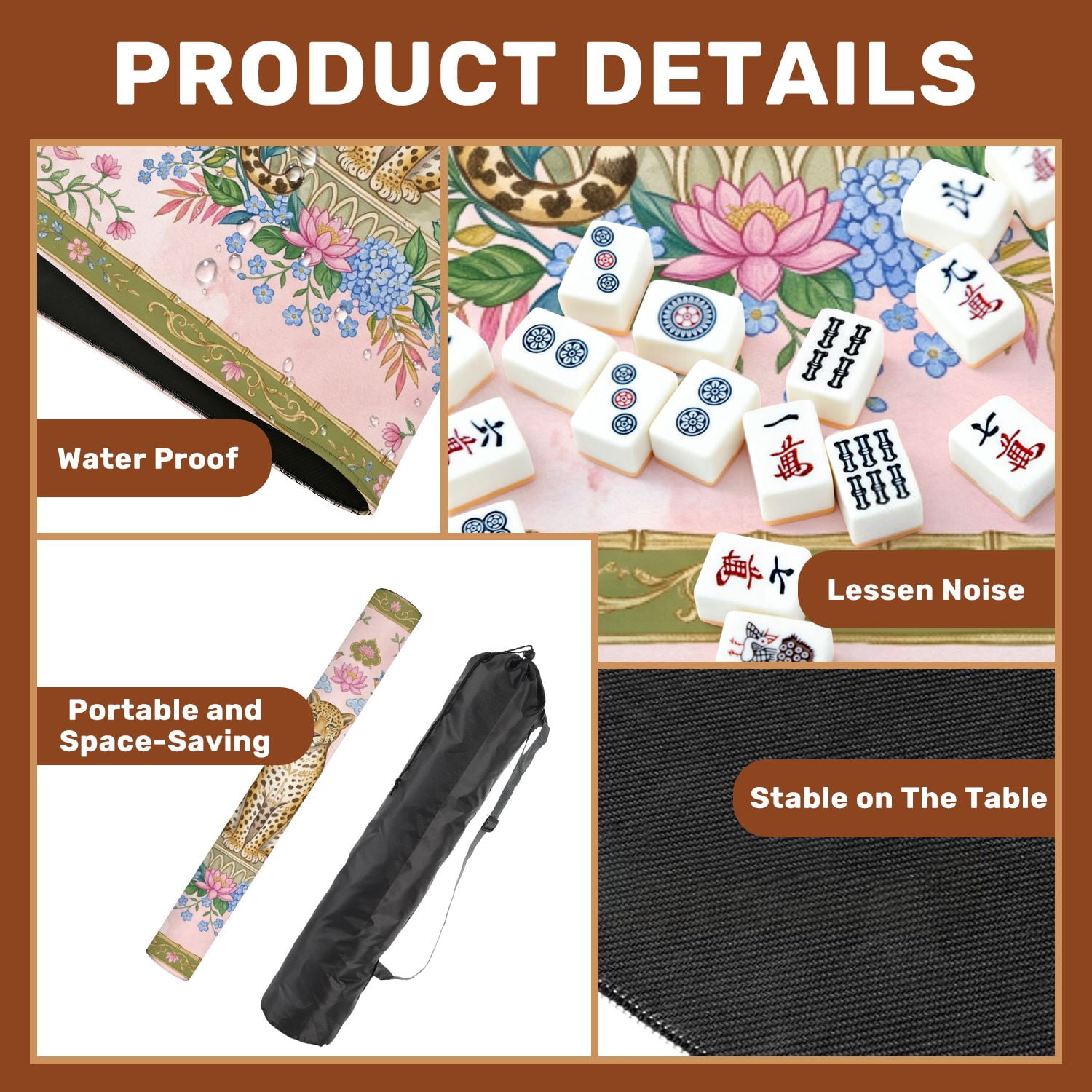 Mahjong Mat 31.5" x 31.5" Ornate Leopard Tropical Foliage Cranes Birds Floral Pink Green Non-Slip Noise Reduction American Mahjong Tiles Table Cover for Dominoes Poker Card Board Games Gift