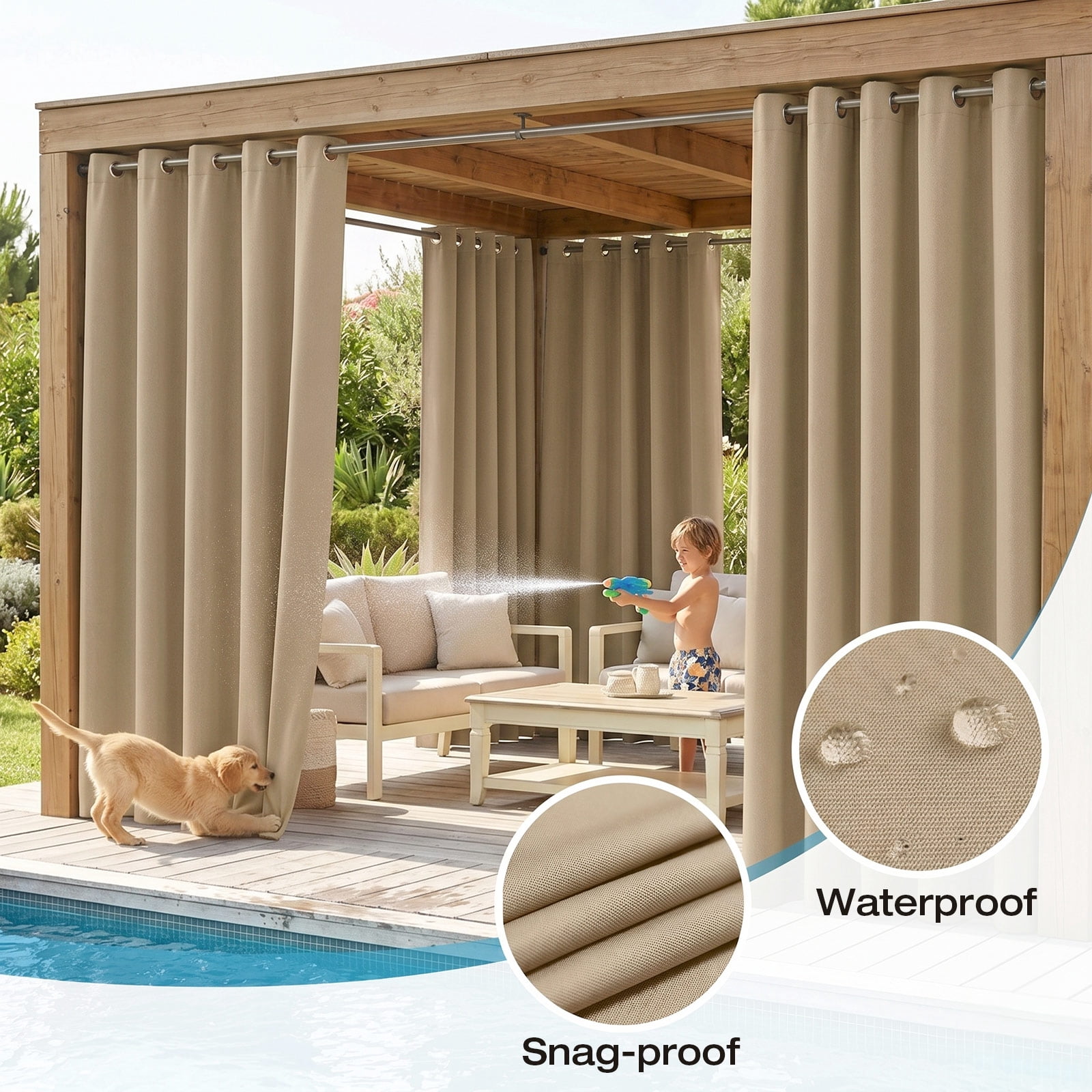 Lapalife Outdoor Curtains for Patio Waterproof W71xL108, Blackout Weighted Outside Curtains Weatherproof UV Resistant Privacy for Porch, Pergola, Beige, 1 Panel