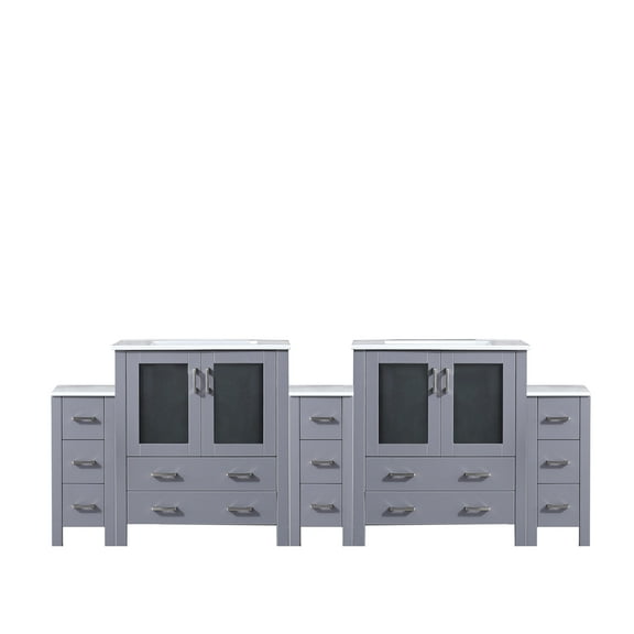 Volez 96 in W Dark Grey Double Bath Vanity with Side Cabinets, and White Ceramic Top