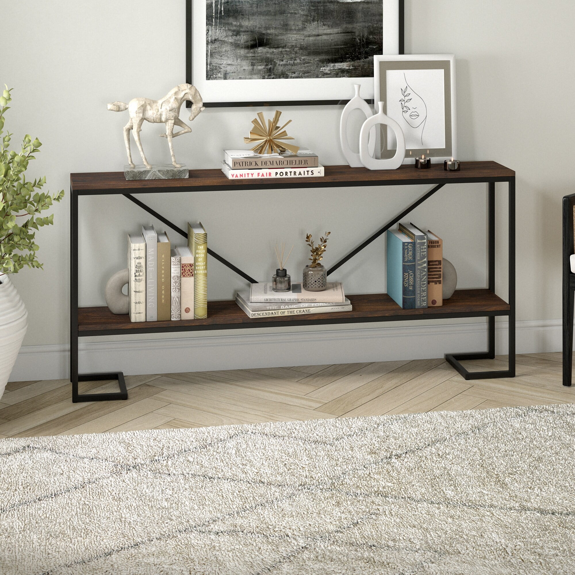 Evelyn&Zoe Phoebe 64" Wide Rectangular Console Table, Blackened Bronze/Black Grain