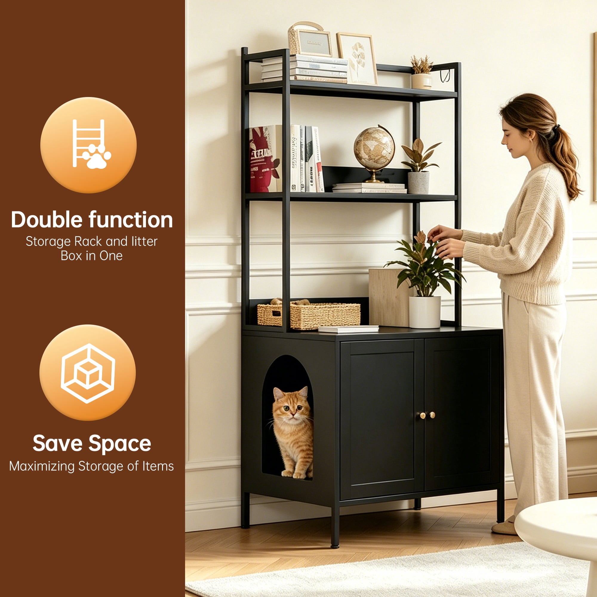 57" Tall Black Metal Cat Litter Box Enclosure, Hidden Litter Box Cabinet with 3-Tier Shelves, Doors & 4 S-Hooks, Odor Control Pet House for Large Cats