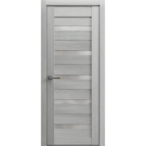 Solid French Pre-Hung Door Frosted Glass | Quadro 4445 Light Grey Oak | Single Regular Panel Frame Trims Handle | Bathroom Bedroom Sturdy Doors -18" x 84"