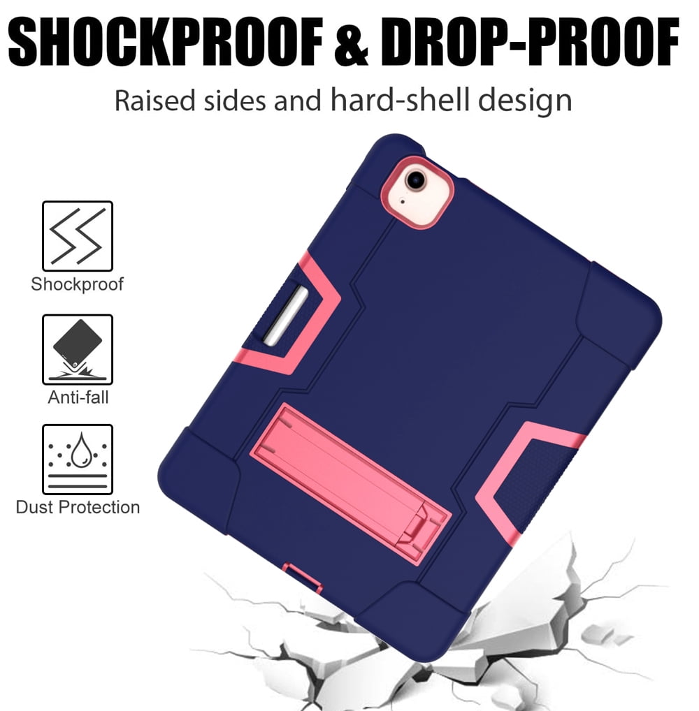 Allytech iPad Air 5 Case 2022, iPad Air 4 Case 2020, Heavy Duty Protection Shockproof Build In Kickstand Pencil Holder Kids Friendly Case for Apple iPad Air 5th 4th Generation, BlackNavyblue/Rose