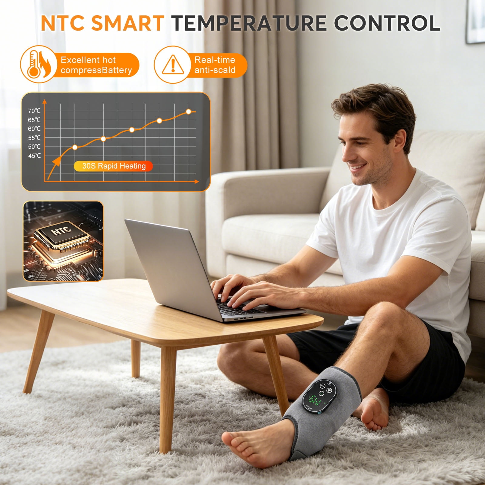 Cordless  Foot Ankle Heating Pad with 6 Heat Settings& 3 Vibration Modes , 20/35/45 Minutes Timer 3000mAh , 1pc