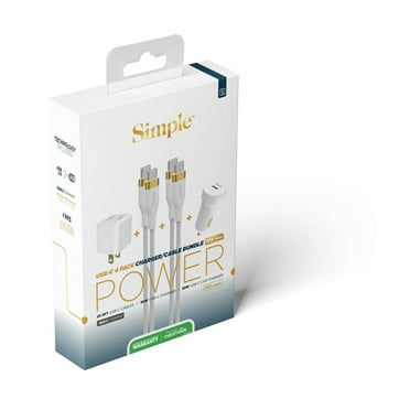 Simple Usb-C 4 Pack Charger/Cable Bundle, Includes 30w Car Charger, 2 6' Usb-C Cables, & 30w Wall Charger