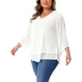 thumbnail image 4 of Agnes Orinda Plus Size Shirt for Women 3/4 Bell Sleeve V Neck Double Layers Chiffon Blouse Top 1X White, 4 of 6