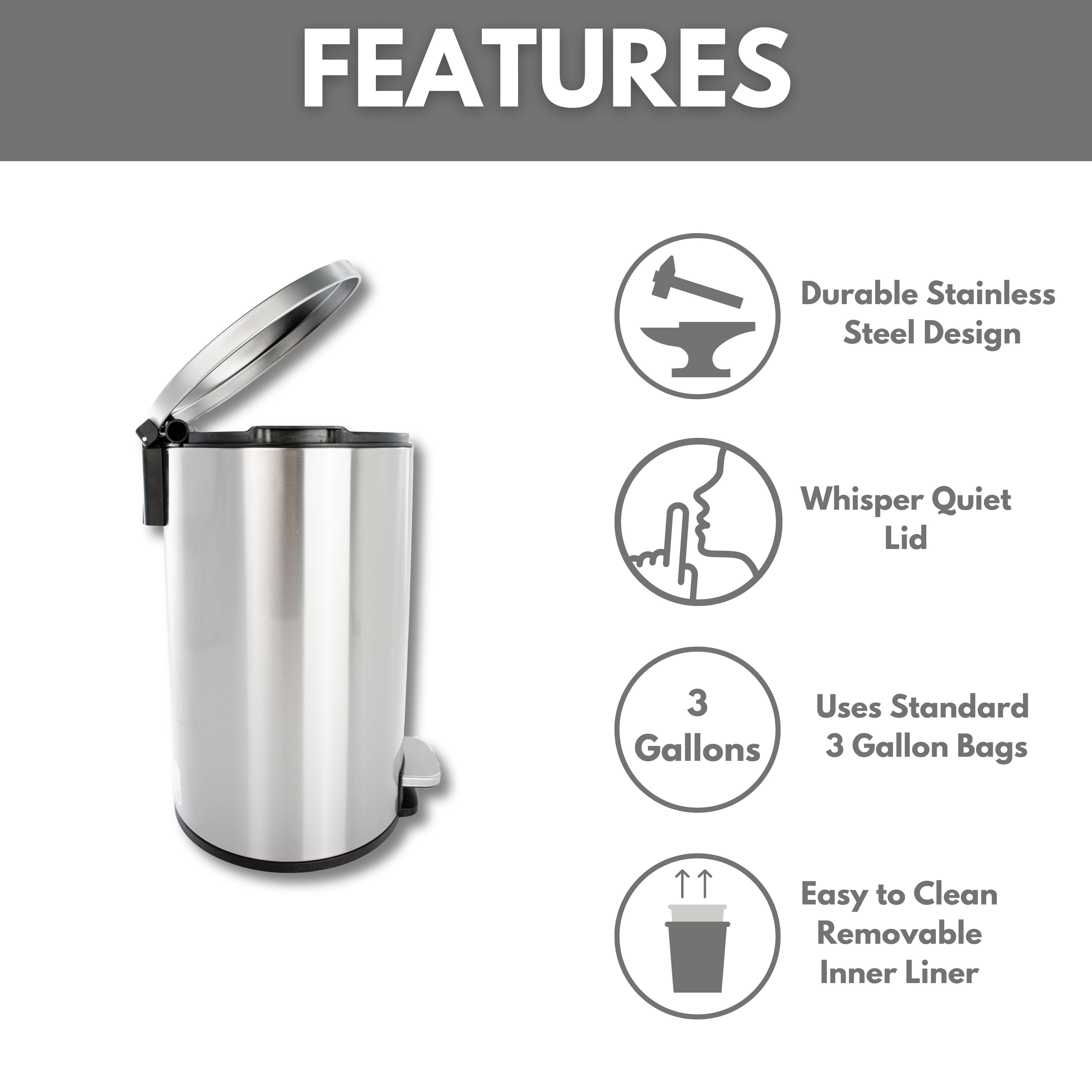 (4 pack) Better Homes & Gardens Stainless Steel Kitchen Trash Can, 3.1 Gallon,  Soft Close Step On Lid Garbage Bin, Silver
