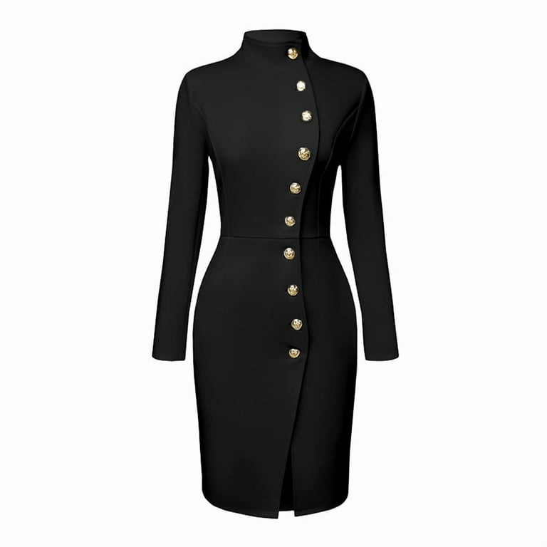black long sleeve dress with gold buttons Black gold buttons embroidered beaded bow long-sleeved dress- Otia