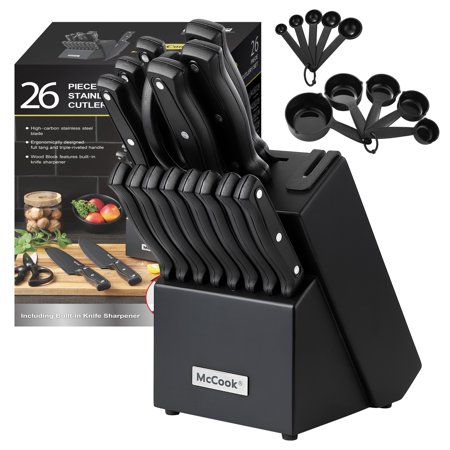 McCook DISHWASHER SAFE Black Knife Sets of 26, Stainless Steel Kitchen Knives Block Set with Built-in Knife Sharpener,Measuring Cups and Spoons