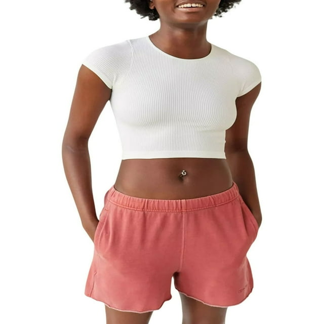 Women Short Sleeve Crop Tops Crew Neck Slim Fit Knitted Ribbed T-Shirts