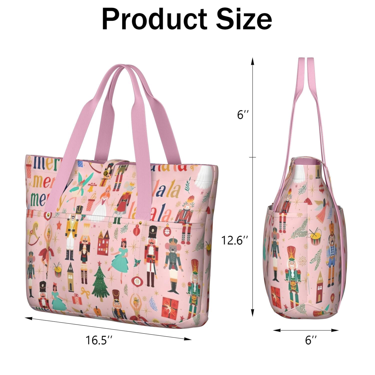 Tote Bag for Women - Pink Christmas Nutcracker Pattern Shoulder Bag - Large Utility Work Duffle Bag with Zipper Handbag for Travel, Work, Sprots