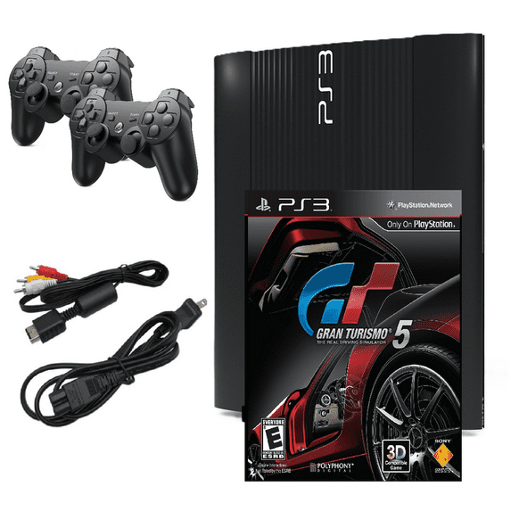 Restored Sony Playstation 3 PS3 Console Super Slim 250GB Black with Gran Turismo 5 & Two Retrofam Controllers (Refurbished)
