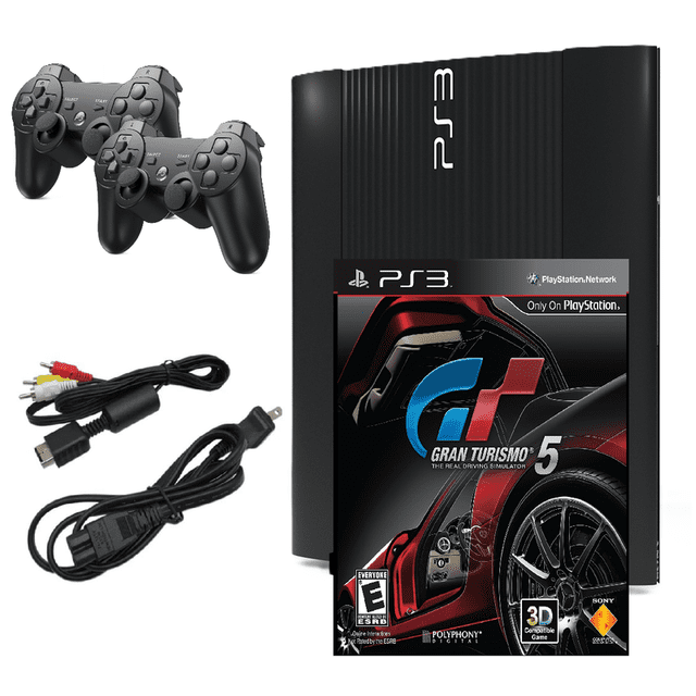 Restored Sony Playstation 3 PS3 Console Super Slim 250GB Black with Gran Turismo 5 & Two Retrofam Controllers (Refurbished)