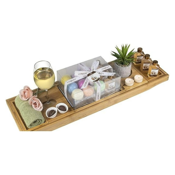 from Son, Premium Bamboo Bathtub Caddy Tray Gift Set with Bath Bombs, Shower Gel, Shampoo & Bubble Bath, Luxury Bathtub Trays with Book & Wine Holder, Expandable Tray to Fit Any Tub