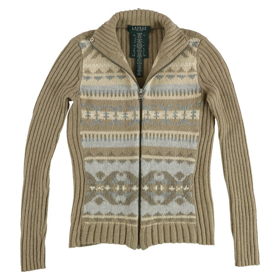 Ralph Lauren Womens Fair Isle Zip-Up Knit Sweater, Brown, Petite, PXS