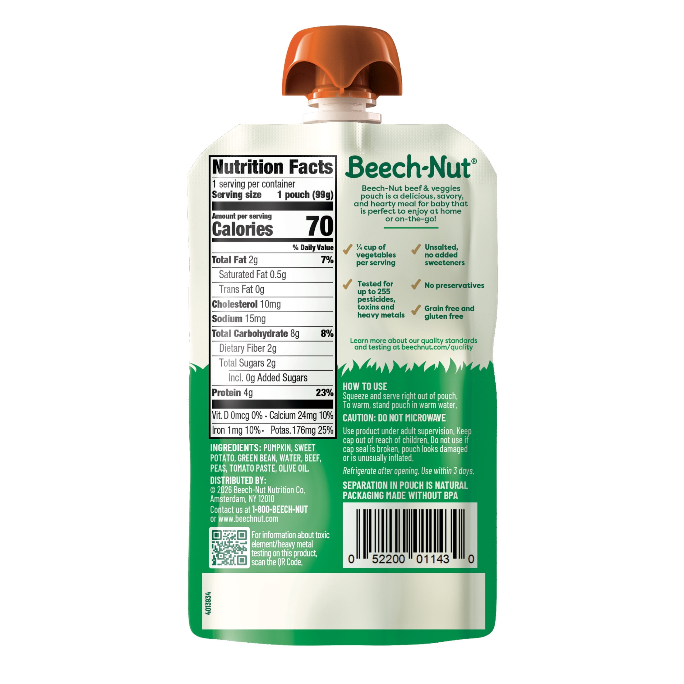 (12 pack) Beech-Nut Stage 2 Beef, Pumpkin, Sweet Potato & Green Bean Baby Food Pouch 3.5 oz