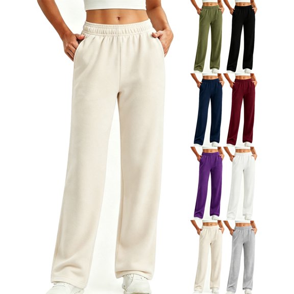 Women's Elastic Waist Wide Leg Sweatpants Loose Fit Solid Color Casual Lounge Workout Everyday Home Pants with Pockets