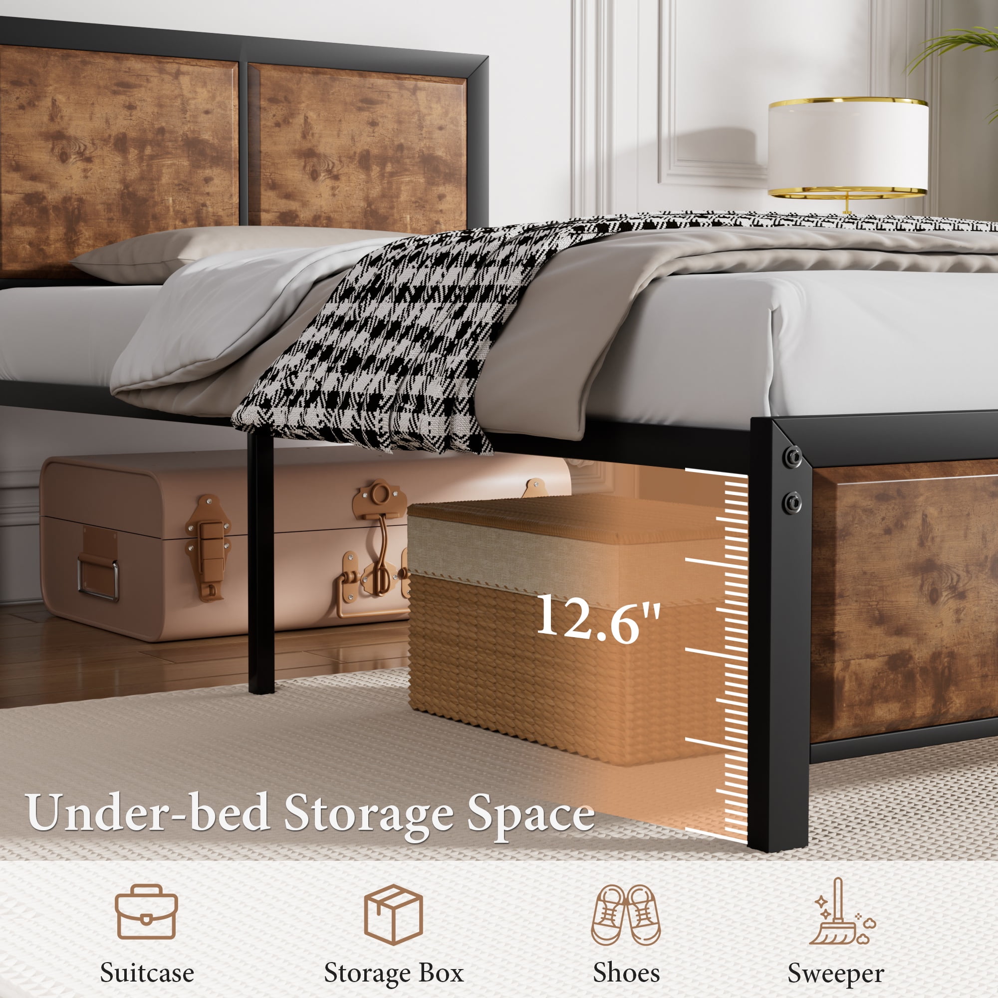 VECELO Metal Platform Bed Frame, Wooden Headboard and Footboard, Black & Wood Grain, Twin Size