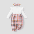 thumbnail image 5 of PatPat 6pcs Baby Girl Plaid & Solid Ribbed Spliced Ruffle Trim Bow Front Long-sleeve Jumpsuit & Headband Set, 5 of 6