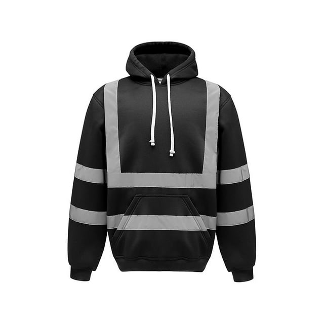Men's Solid Color Reflective Hooded Sweatshirt Long Sleeve Sweater Top Loose Road Work High Visibility Pullover (Black,L)
