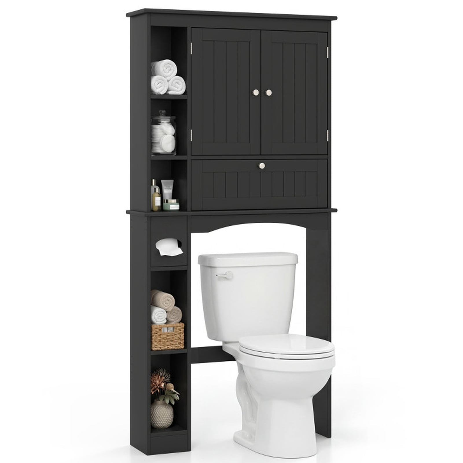 Vebreda Over-the-Toilet Storage Cabinet, Freestanding Bathroom Space Saver with 2 Cabinets, 5 Open Compartments and Height-Adjustable Bottom Bar, Tissue Box Slot, White and Black