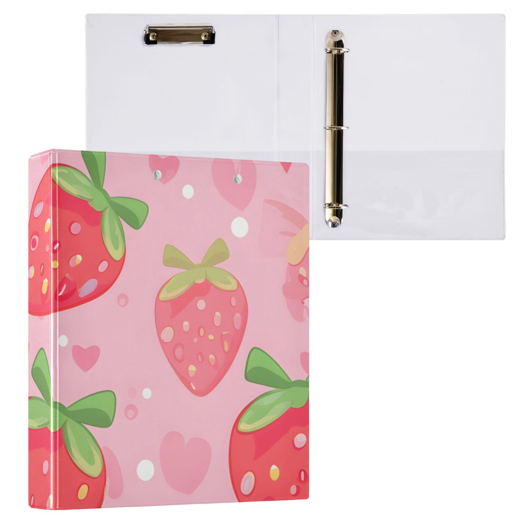 Cute Strawberry 3 Ring Binders 1.5 inch Hardcover File Folders with Interior Pockets A4 Size Organizer for School Office Hospital