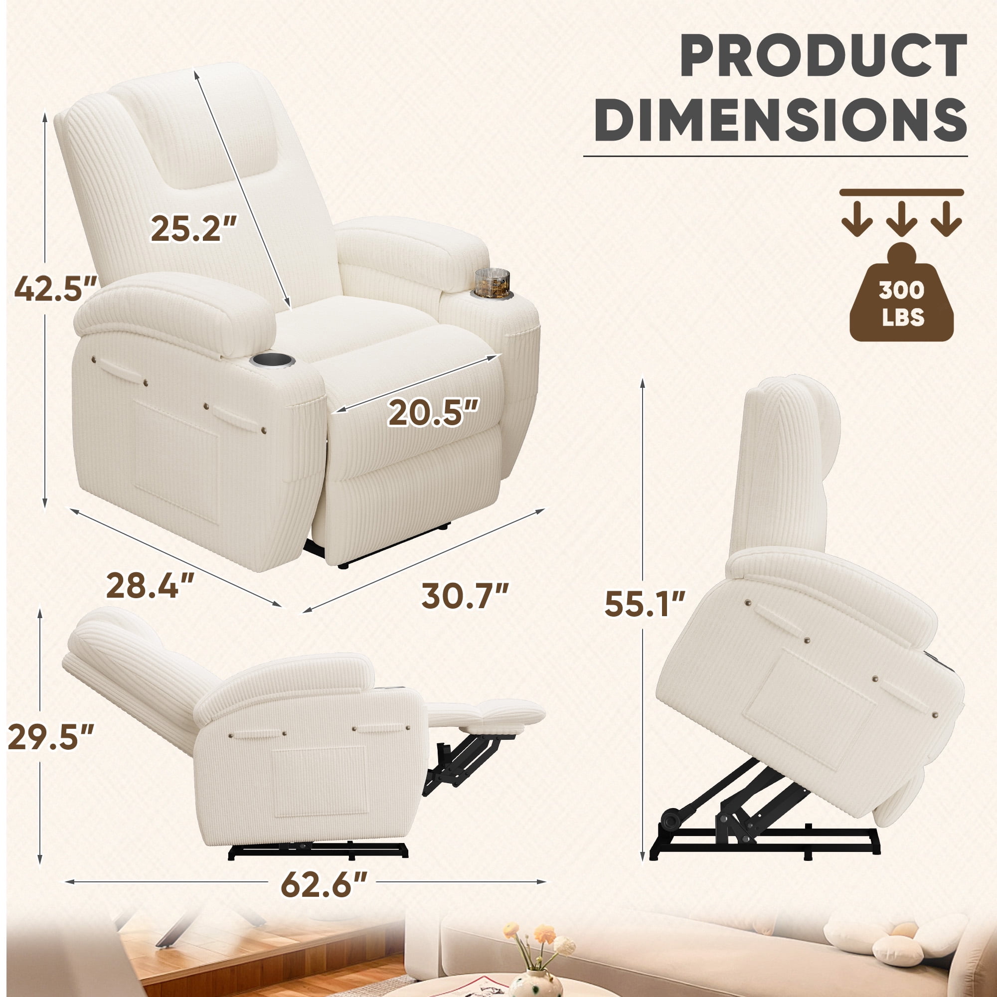 Homall Power Lift Recliner with Eight Vibrating Massages Ergonomic Single Sofa with Side Pocket and Soft Corduroy for Elderly,Corduroy Beige