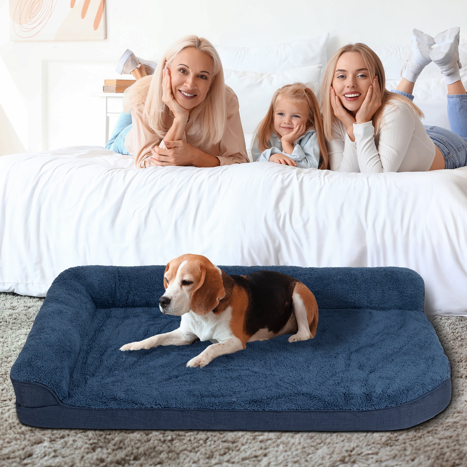 PureWags Orthopedic Dog Beds, L Shaped Waterproof Large Dog Bed with Removable Cover and Nonskid Base, Soft Pet Couch Bed-Navy Blue, M