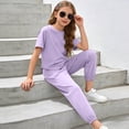 thumbnail image 5 of Asxite Girls Summer Outfits Casual Solid Short Sleeve Round Neck Tee Pants Set 2 Piece, 5 of 7