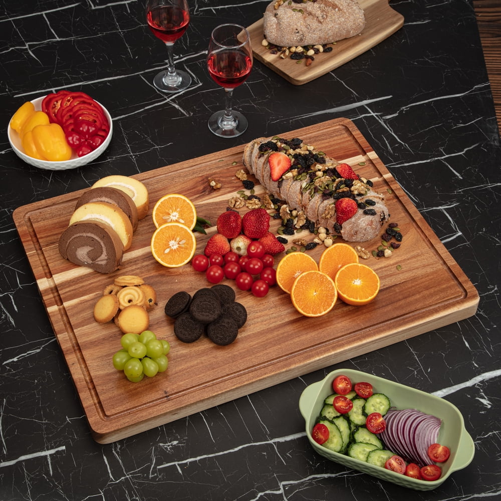 Extra Large Wood Cutting Board 24 x 18 inch, Thick Butcher Block, Reversible Wooden Kitchen Block with Side Handles and Juice Grooves