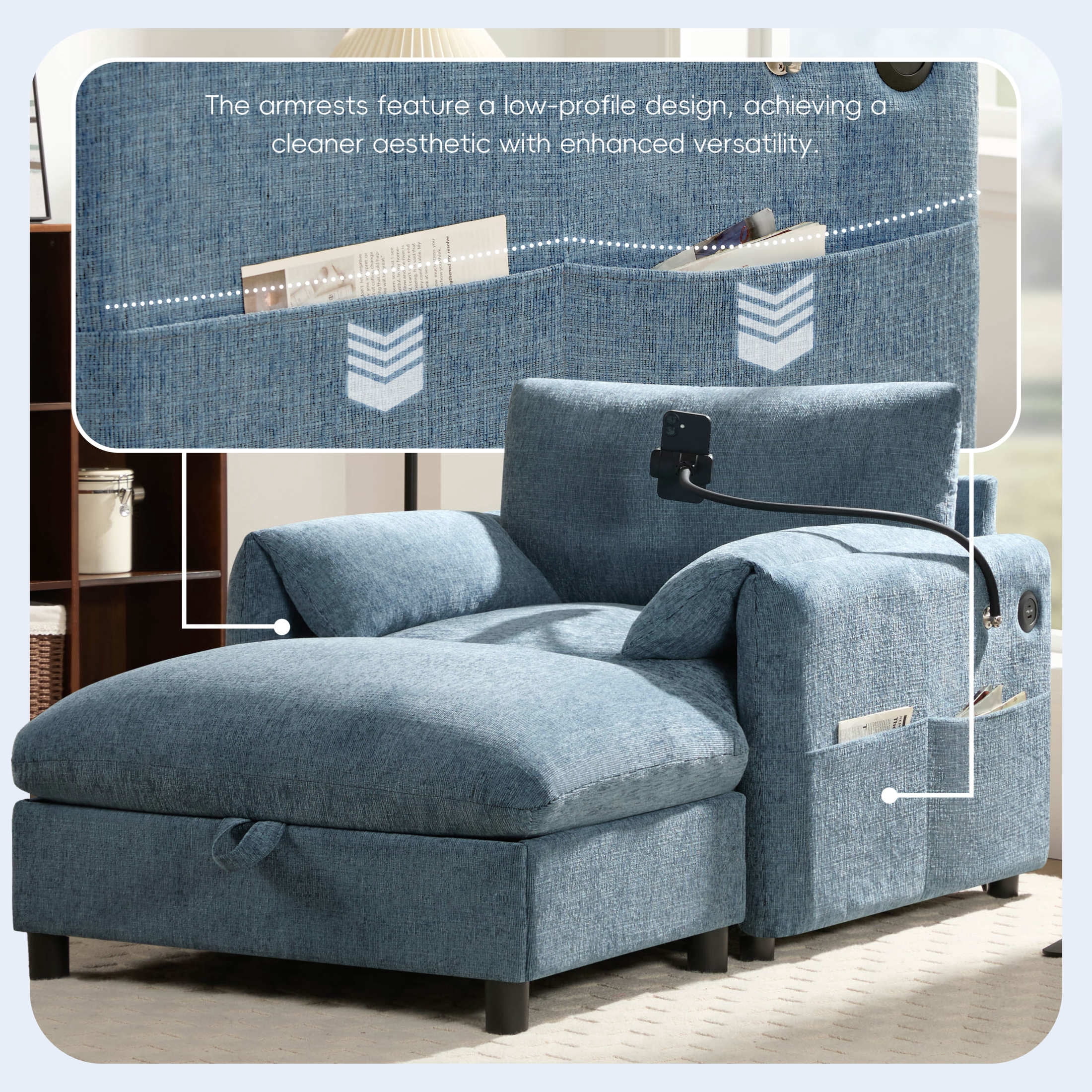 Noble House Odette 37" Chenille Upholstered Armchair with Storage Ottoman and Charging Port, Cloud Chaise Lounge, Blue
