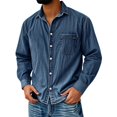 thumbnail image 2 of Mens Cotton Shirts Long Sleeve, Retro Washed Distressed Button Down Shirt with Collar Neck and Pocket, Vintage Workwear Casual Streetwear Top Navy L, 2 of 4